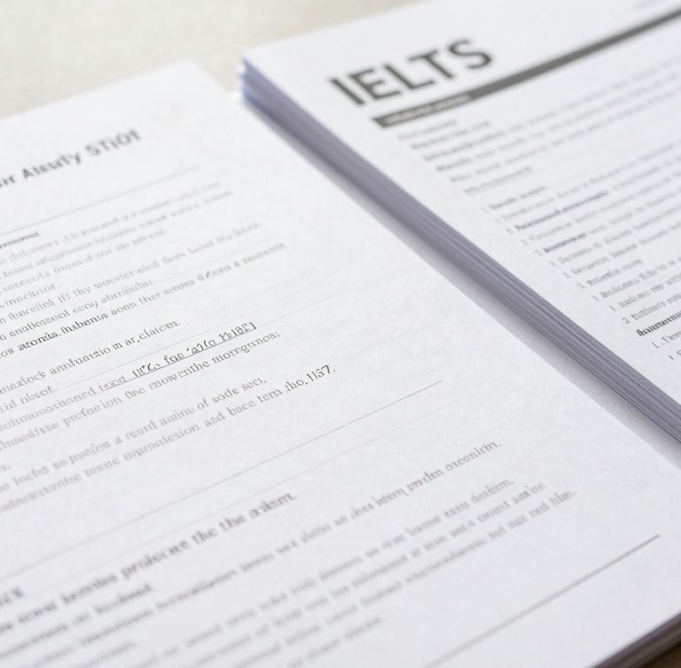A close-up of structured IELTS study guides with handwritten notes, bright natural daylight, sharp focus, 35mm