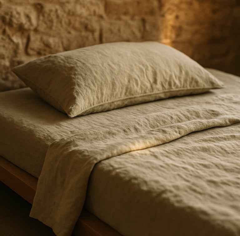 Tactile close-up of raw linen sheets on a low platform bed, rough-hewn stone wall, warm editorial photography, soft diffused golden-hour light, shallow depth of field.