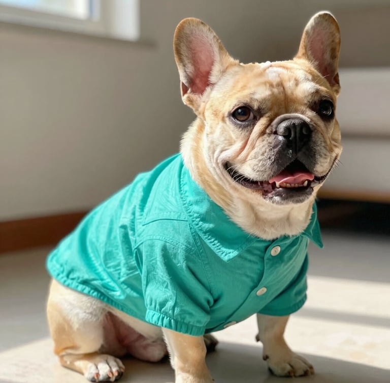 vibrant lifestyle pet photography, warm natural daylight, joyful colorful tones, eye-level medium close-up, 50mm lens, a happy French Bulldog wearing a custom-tailored vibrant teal cotton shirt, sitting in a sunlit room, detailed fabric texture
