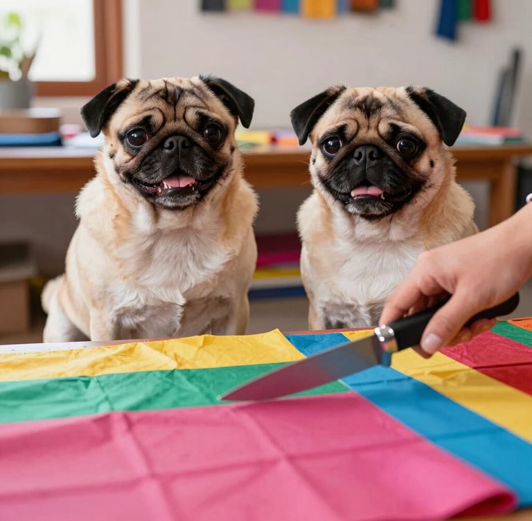 vibrant lifestyle pet photography, warm natural daylight, hands cutting colorful fabric in a sunny workshop in Celaya, a small happy pug sitting nearby watching, eye-level medium close-up, 50mm lens
