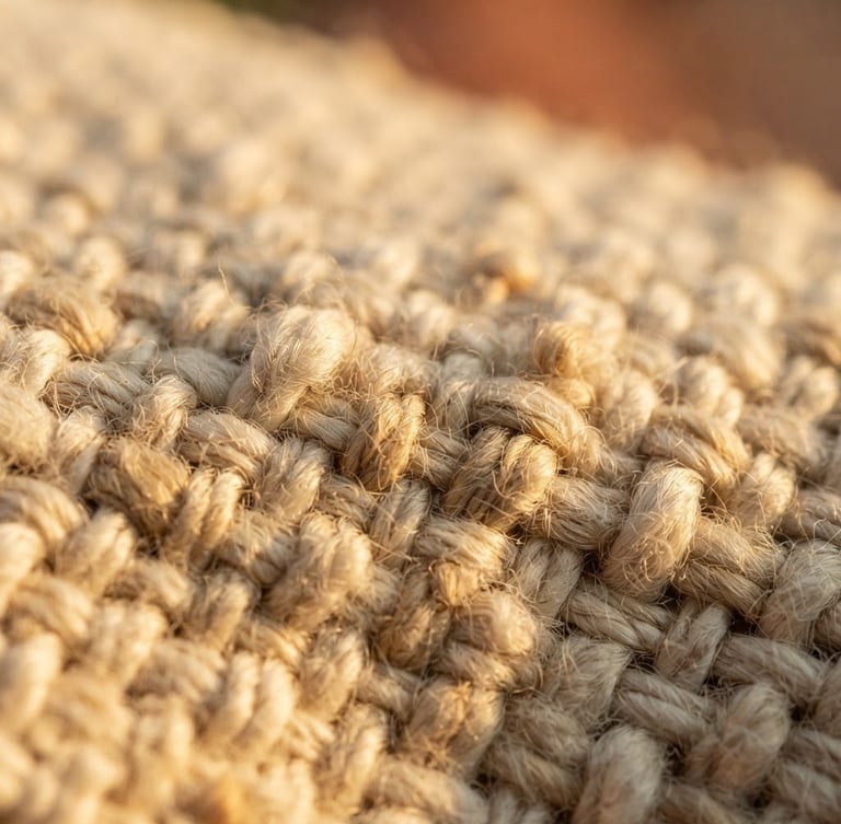 Extreme macro shot of dense, unbleached cotton fabric weave, highlighting the thick tactile threads and natural cream texture under warm golden-hour side light.