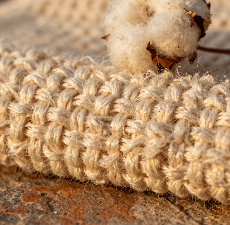 Extreme macro shot of dense, unbleached cream cotton fabric weave, warm golden-hour side lighting, highlighting raw organic fibers and tactile texture on a rustic stone surface, 35mm
