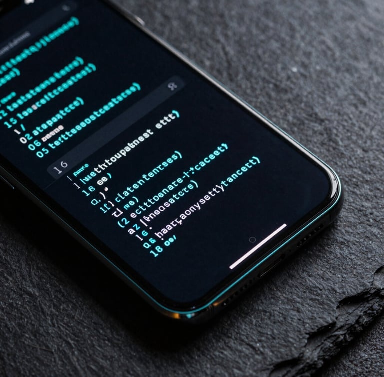 Extreme close-up of a modern Android smartphone screen displaying a dark-mode terminal interface with electric cyan code lines, low-key dramatic studio lighting with cyan rim reflections on the curved glass edge, dark textured slate background.