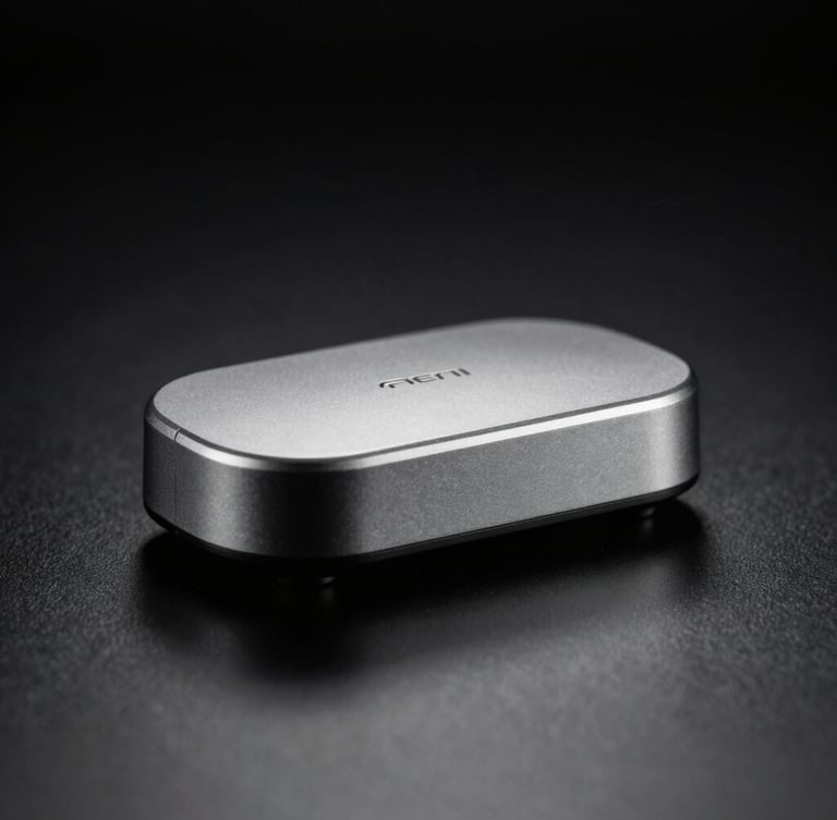 Sleek metallic pod system on a stark black reflective surface, high-contrast studio lighting, deep shadows, crisp monochrome product photography.