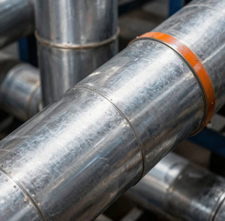 Close-up of pristine metal cladding on industrial piping, sharp geometric composition, cool metallic tones, high-contrast lighting.