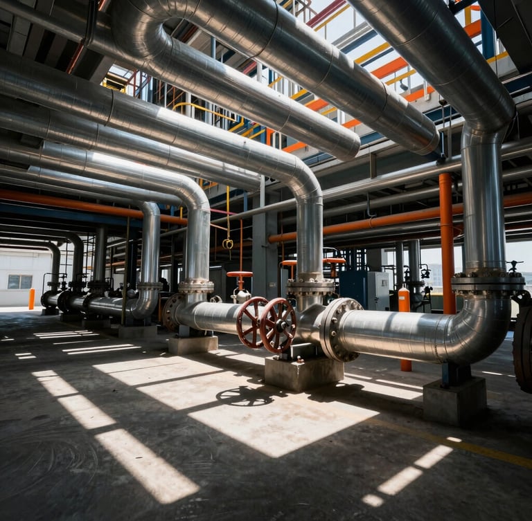 Wide-angle industrial interior of a petrochemical plant, insulated piping networks with metallic cladding, dramatic shadows, high contrast