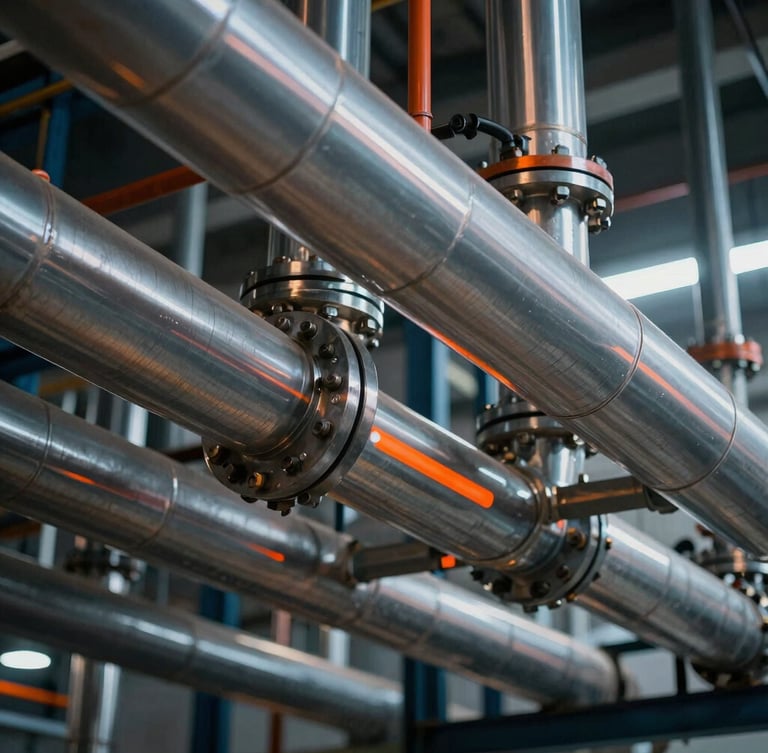 Sharp geometric close-up of insulated piping networks in an industrial plant, high-contrast dramatic lighting, cool ambient tones with warm safety orange accents, sharp depth of field