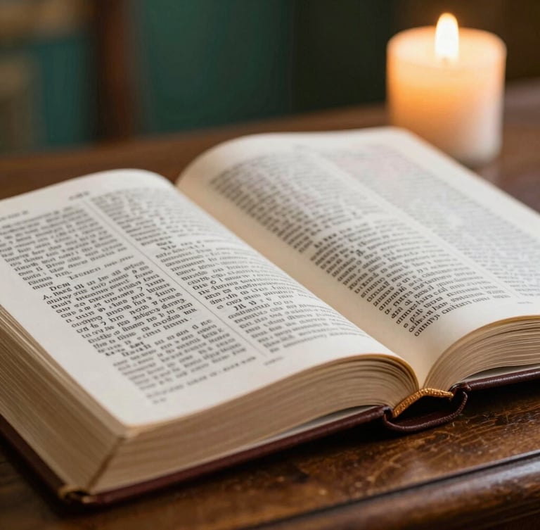 Macro close-up of a classic leather-bound Bible open on a wooden altar, soft warm candlelight illuminating the sacred text, shallow depth of field, 35mm