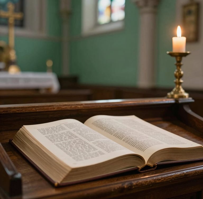 Soft natural church interior light illuminating a vintage open book on a wooden lectern, shallow depth of field, 35mm