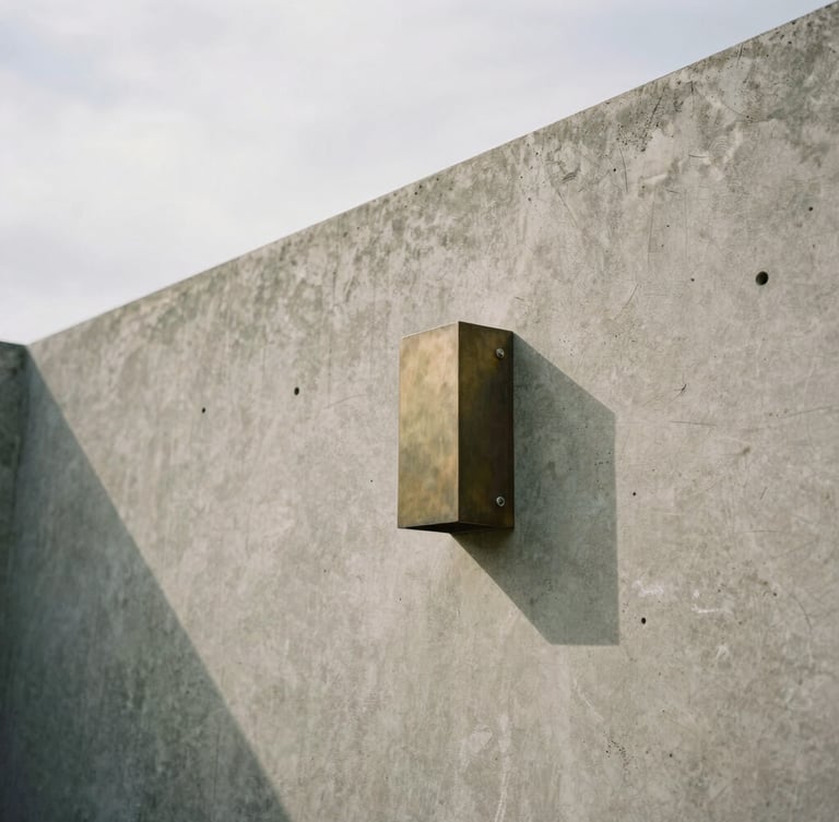 Tight architectural crop of low-contrast overcast daylight hitting a raw concrete wall and cast bronze fixture, soft natural shadows, 35mm film
