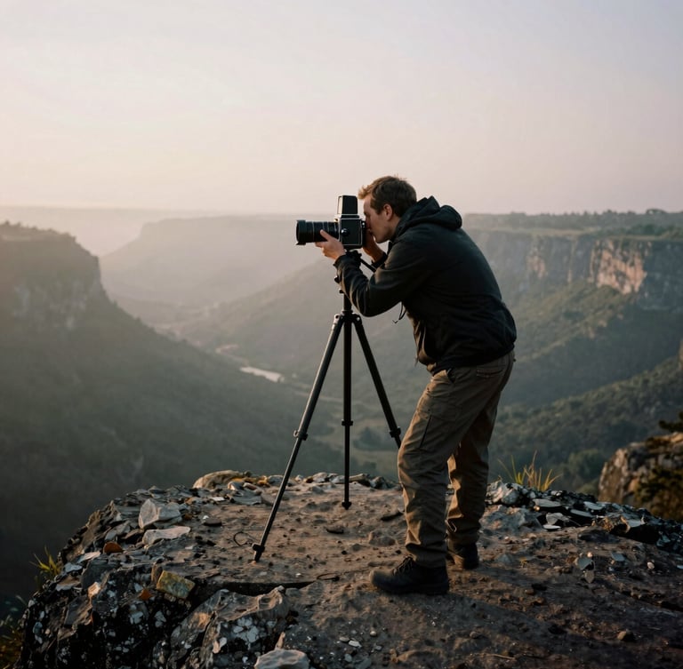 An outdoor photographer adjusting a medium-format camera on a tripod, positioned on a rocky outcrop overlooking a vast, fog-filled valley at dawn.