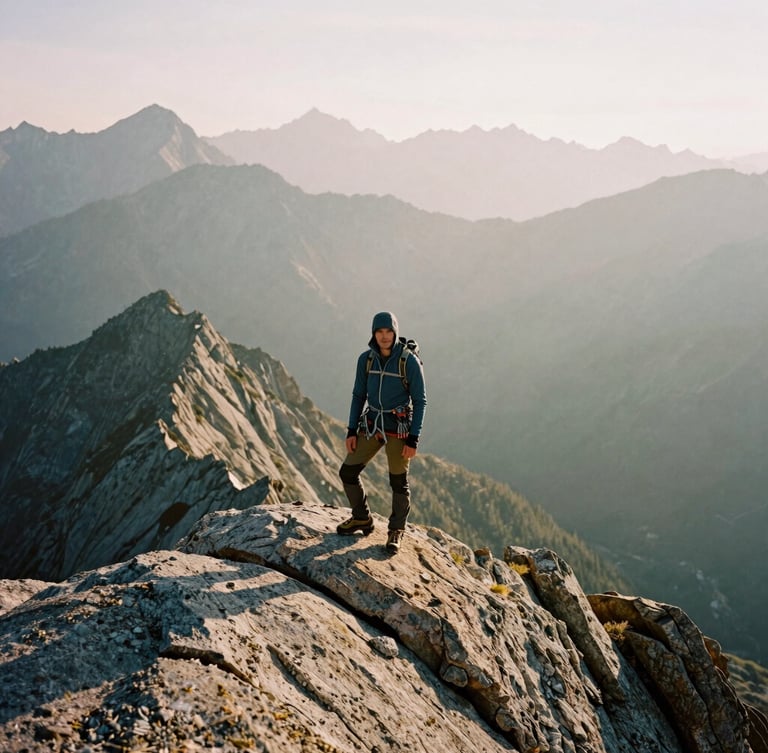 Wide-angle portrait of a mountaineer standing on a rugged granite ridge in misty morning light, technical apparel detailed, vast alpine mountain range in the background.