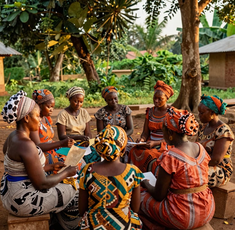 Warm documentary photography of Ivorian women leaders in a collaborative workshop in Bouaké, rich forest green and terracotta tones, natural golden-hour sunlight, 35mm