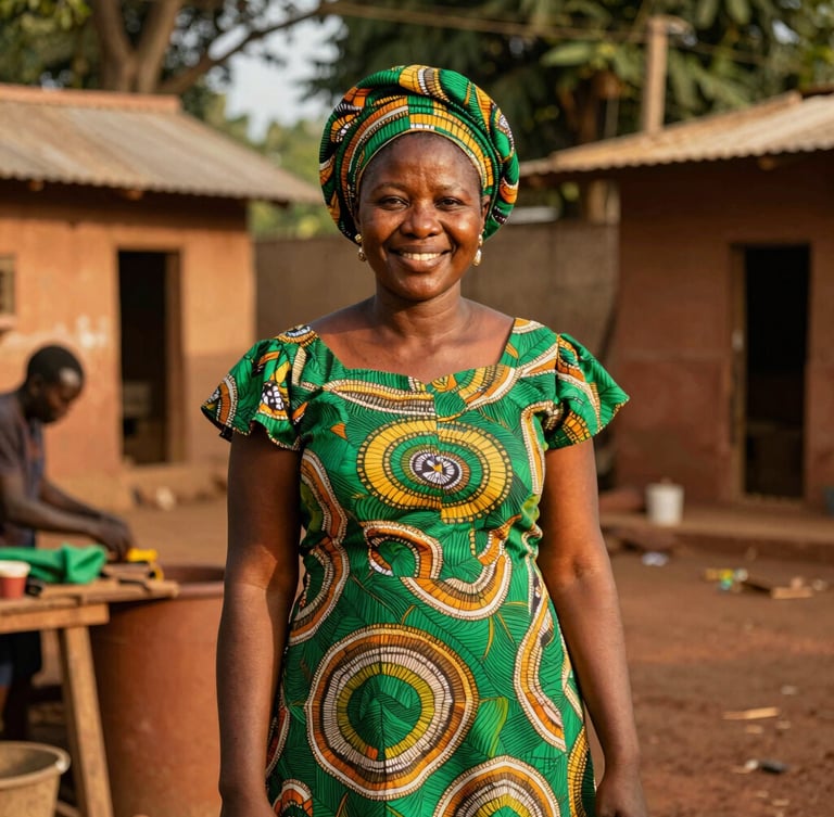 Mid-shot of a confident Ivorian female leader smiling, standing in a sunlit workshop in Bouaké, rich forest green and terracotta tones, warm editorial photography, 35mm