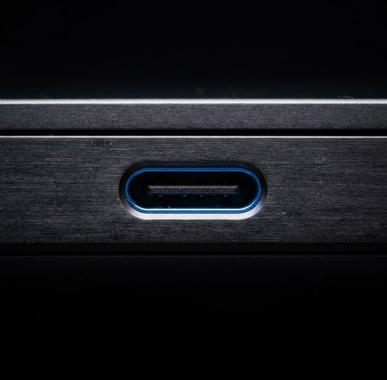 Macro close-up shot of a USB-C port on a dark brushed-metal laptop chassis, sharp studio strobe lighting with crisp electric blue rim highlights, deep obsidian background