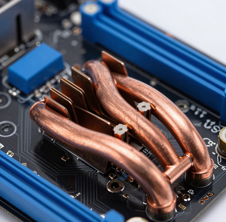 Extreme close-up macro shot of copper heat pipes and circuitry on a high-end motherboard, cool-toned studio strobe lighting, electric blue accents, sharp defined shadows