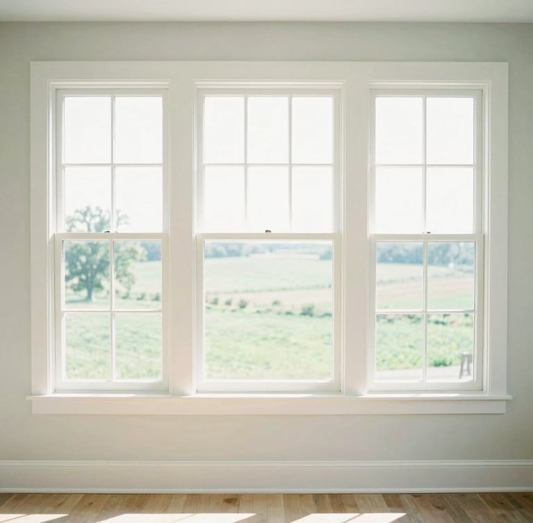 Bright sun-drenched residential living room with clean white window frames looking out onto a lush green Iowa landscape, soft morning daylight, airy pastel tones, high-key lighting