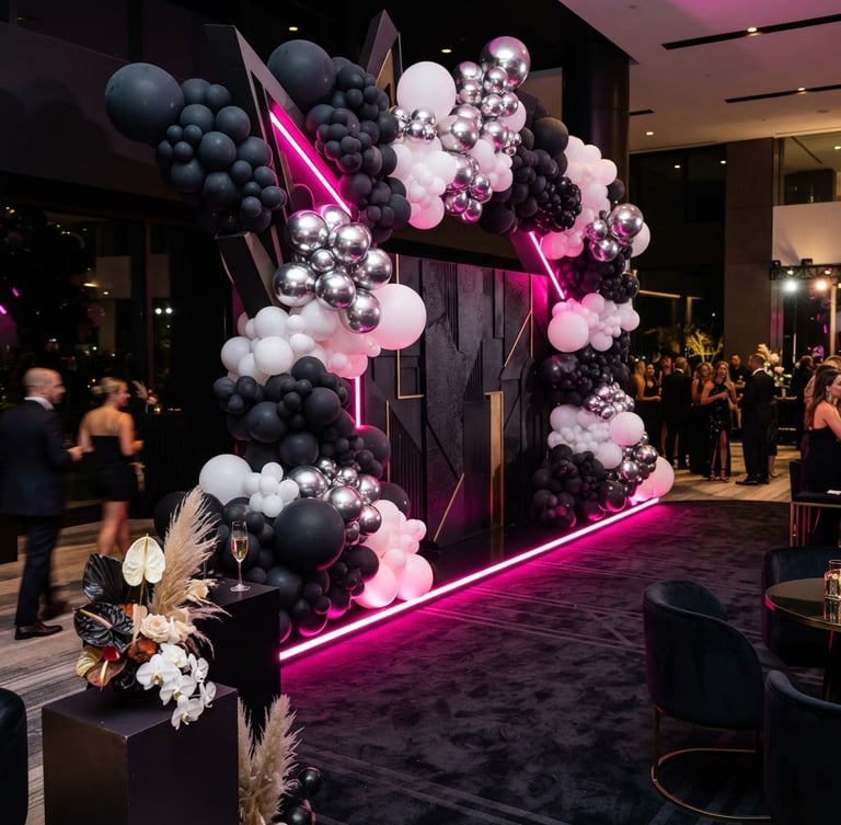 Wide-angle portrait of a luxury event setup, sharp architectural balloon installation in deep charcoal and white with neon pink smart LED lighting glowing from beneath, a modern standing backdrop on a dark custom carpet, luxury editorial photography, 35mm lens