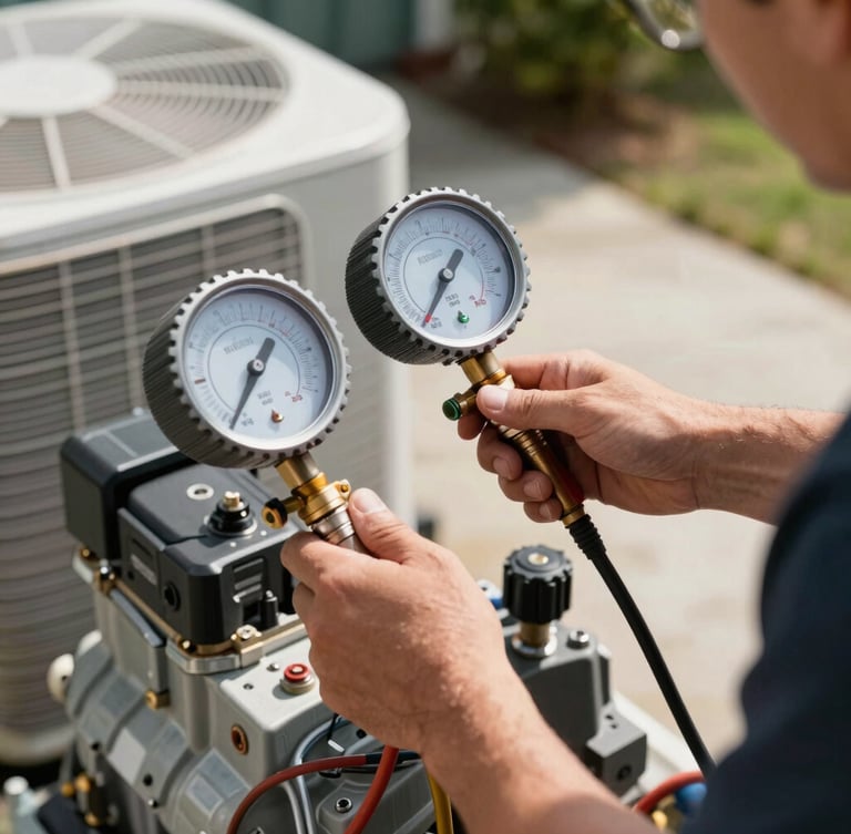 A technician's hands using a digital manifold gauge to check pressure lines on an outdoor HVAC compressor unit in bright Georgia daylight.