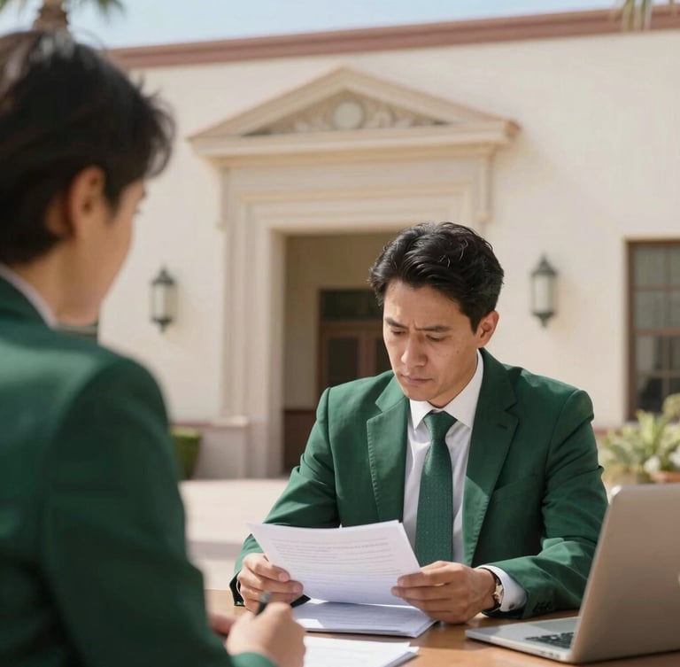A professional in a structured meeting, reviewing compliance documents, with a classical school building architectural detail visible in the background, bright natural Arizona daylight, sharp focus, 35mm