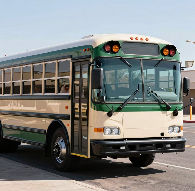 Modern, clean school bus parked on a paved lot, bright Arizona daylight, sharp focus, 35mm, showing operational readiness, stately institutional photography