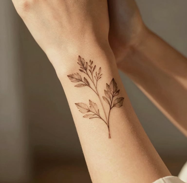 Close-up of a minimalist botanical temporary tattoo on a woman's wrist, soft golden hour light, elegant and refined lifestyle photography.
