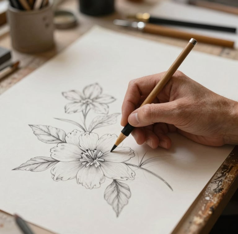 Gros plan poétique d'un pinceau fin traçant un motif floral délicat sur l'intérieur d'un poignet, lumière dorée de fin d'après-midi, atmosphère d'atelier d'artiste parisien.