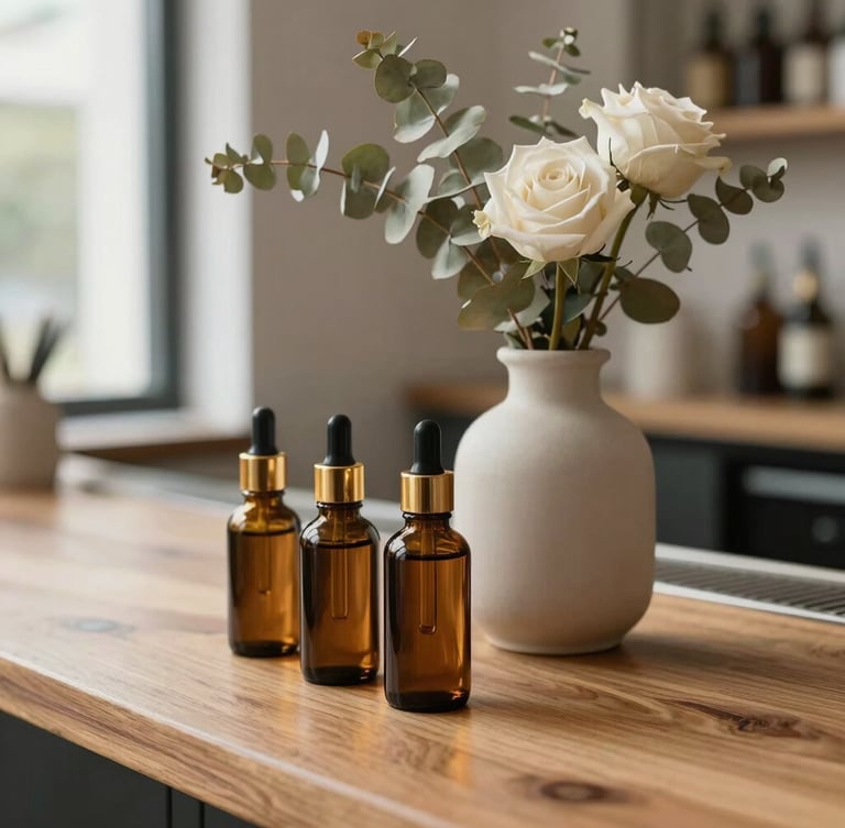Close-up of a minimalist tattoo bar setup, delicate dried eucalyptus and white roses in a ceramic vase, amber glass bottles with gold dropper caps on a raw oak table, soft natural morning light