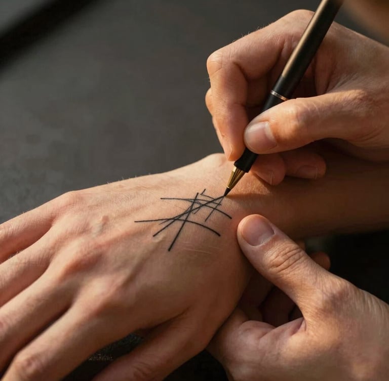 Gros plan poétique et lumineux d'un poignet délicat sur lequel un artiste applique un tatouage temporaire aux lignes fines et géométriques, lumière dorée de fin d'après-midi.