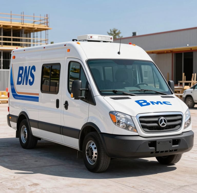 A clean, professional mobile drug testing vehicle parked at a sunny Denver construction site, crisp commercial photography, bright natural daylight, sharp focus, 35mm
