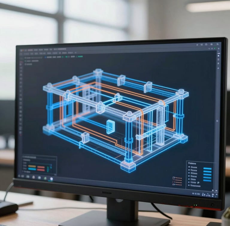 Close-up of a 3D structural and piping model on a high-end monitor, glowing blue and orange lines, clean technical workspace, bright natural daylight, 35mm lens