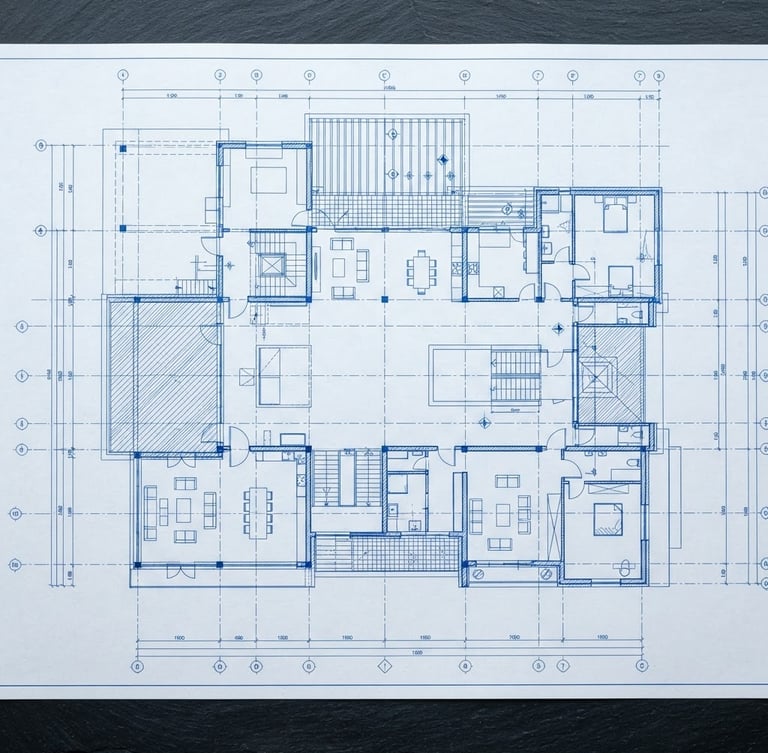 Zenith view of a clean technical blueprint layout on a dark slate desk, sharp lines, blue ink accents, bright natural daylight, high-contrast cool tones, 35mm lens
