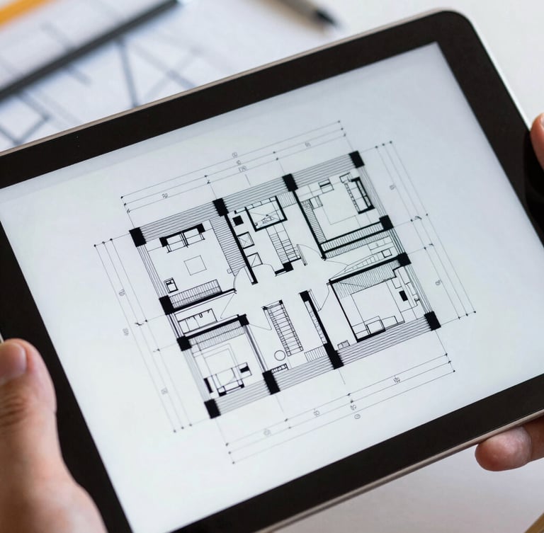 Close-up of a high-contrast digital structural blueprint on a tablet screen held by an engineer on site, sharp focus, technical details