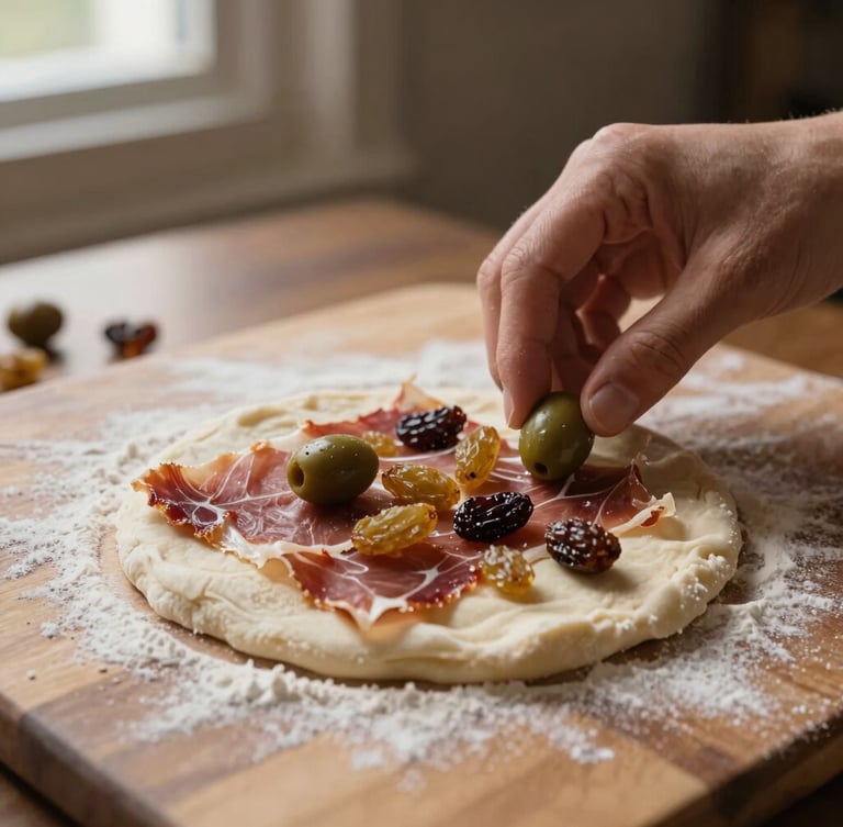 Hands gently placing olives and raisins onto raw Pan de Jamón dough on a wooden board, dusted with flour, low-key directional side-lighting, warm earthy tones, macro depth of field, 35mm