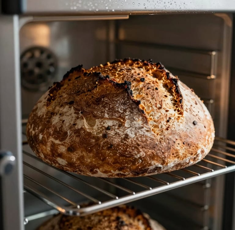 Primer plano de masa de pan de masa madre en un banneton, levantándose lentamente en un refrigerador de acero inoxidable, con condensación y luz ambiental suave.