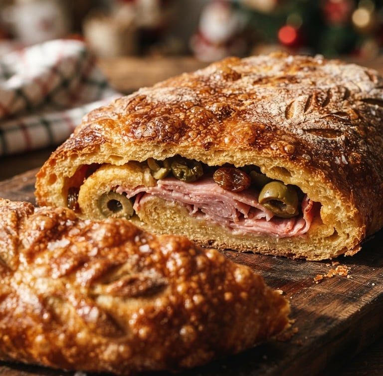 Close-up macro shot of a freshly baked Pan de Jamón, golden-brown crust, slightly blistered, with a glimpse of ham and olives inside, dramatic window side-light, rich earthy tones, festive atmosphere, 35mm