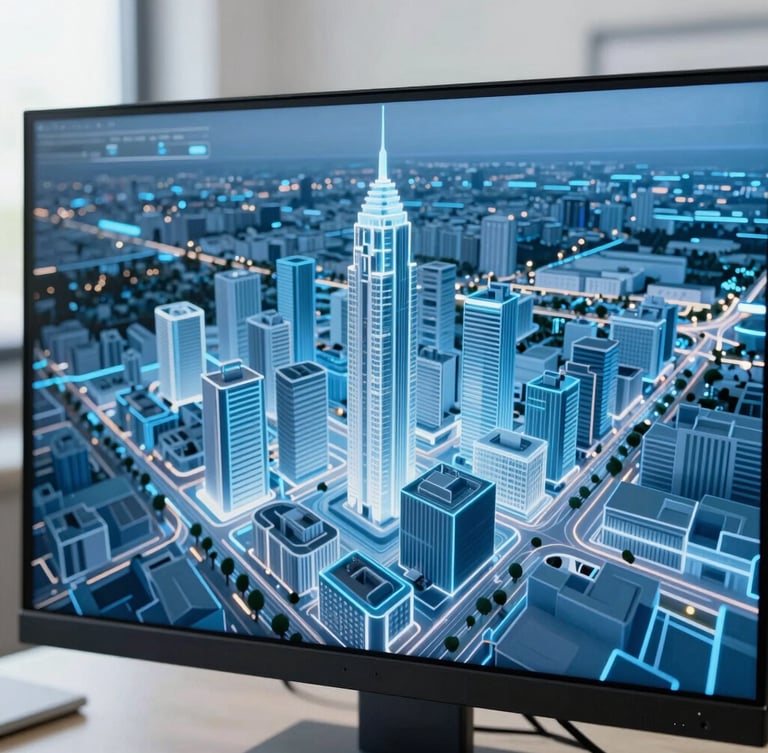 Close-up of a digital twin 3D city model displayed on a professional monitor, glowing lines, clean technical setting, cool blue tones