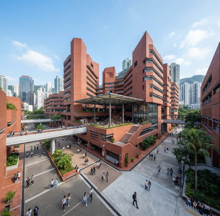 A wide architectural photograph of the iconic red-brick campus of The Hong Kong Polytechnic University under bright natural daylight, clean lines, professional academic setting, cool blue tones.