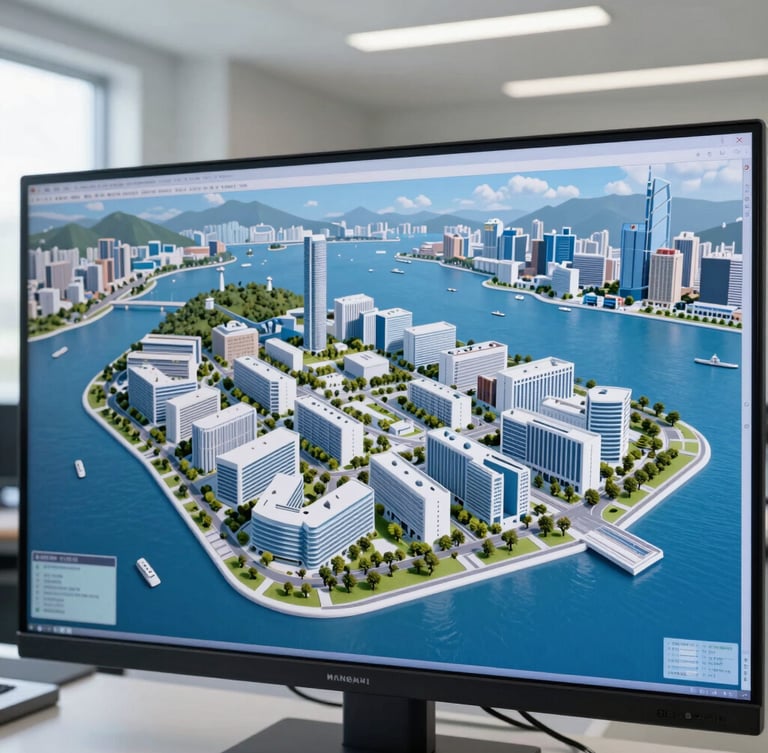 Close-up of a high-resolution 3D digital twin model of Hong Kong island displayed on a large professional monitor in a bright university laboratory, natural daylight.