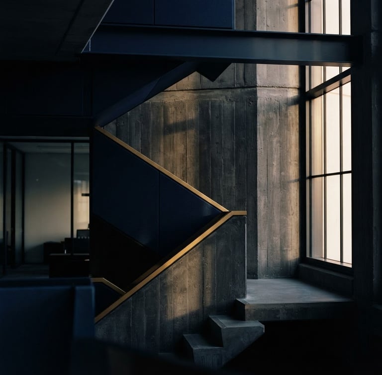 Abstract geometric architectural lines of a modern concrete building, sharp shadows, deep navy and gold tones, 35mm