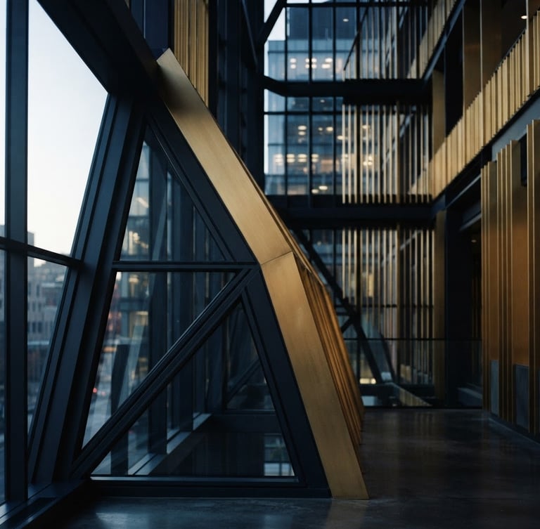 Moody corporate photography of abstract geometric architectural lines, dark navy and warm gold tones, soft window light, 35mm