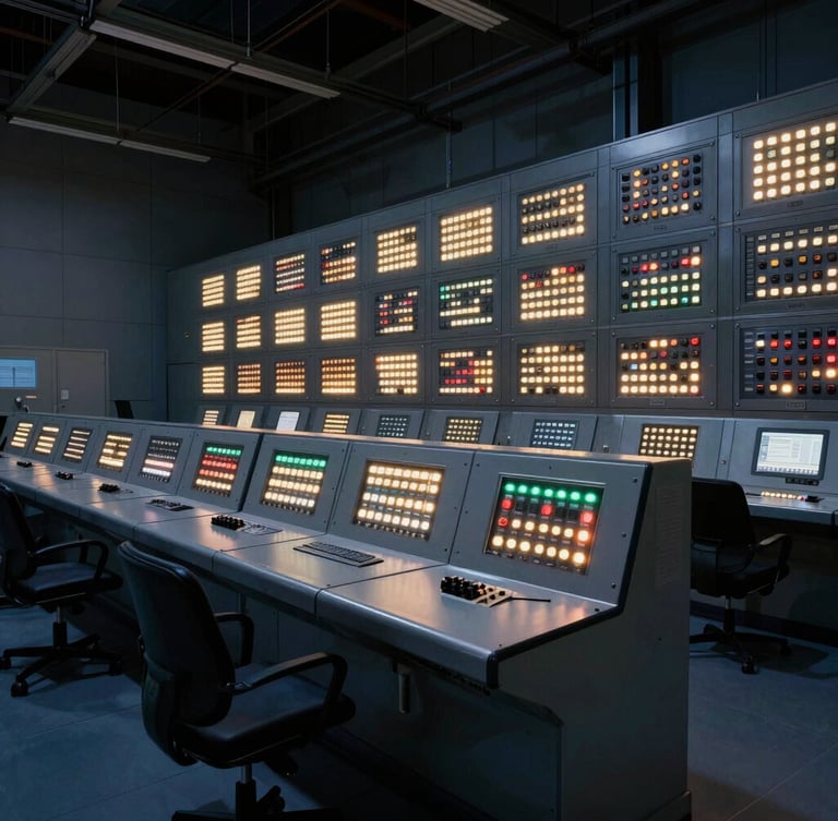 A massive, clean industrial control room with rows of glowing LED indicators and steel control panels, dramatic architectural lighting, deep navy shadows, sharp focus, wide environmental framing.
