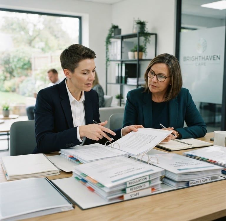 A professional consultation between a clean-cut compliance advisor and a care home manager in a bright, modern office, reviewing organized compliance folders under soft daylight, 35mm.