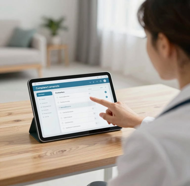 Over shoulder shot of a consultant pointing to a digital compliance interface on a tablet screen, clean modern care home interior background, sharp focus