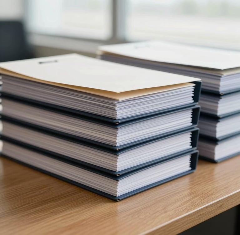 Close-up of organized navy compliance folders stacked neatly on a wooden desk, bright natural overcast daylight, desaturated tones