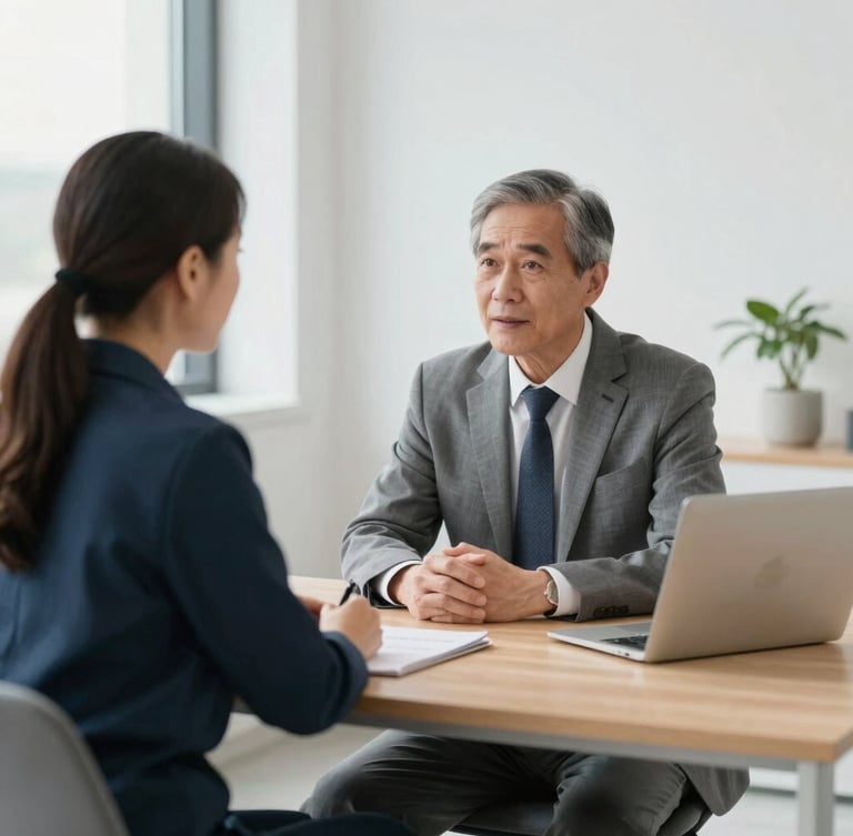 Quiet consultation between a senior compliance advisor and a care manager in a bright, modern professional workspace