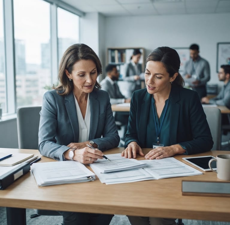 Medium shot of an advisor in a crisp slate suit reviewing paper documents with a care manager, professional workspace, bright daylight, desaturated cool tones