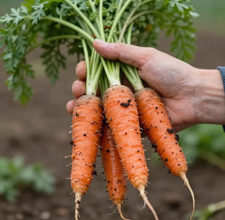 Close-up of freshly harvested heirloom carrots with damp soil on them, held by farmer's hands, soft Scandinavian overcast daylight, shallow depth of field, 35mm