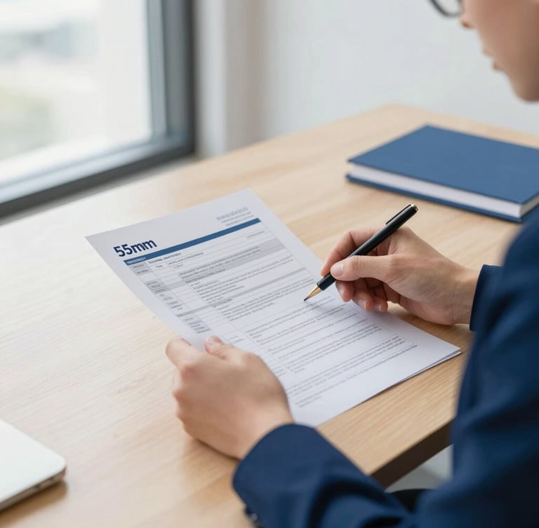 A bright professional office setting with natural window light, hands reviewing Australian tax documents on a clean wooden desk, 35mm
