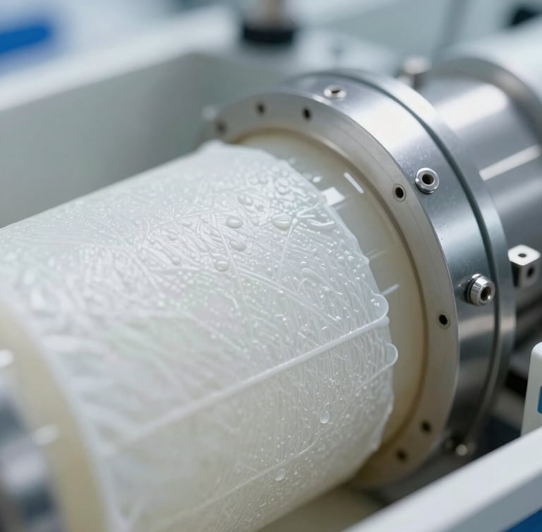 Extreme close-up macro shot of a clean, sterile biomethane filtration membrane, bright clinical white laboratory lighting, high-precision technical engineering details.